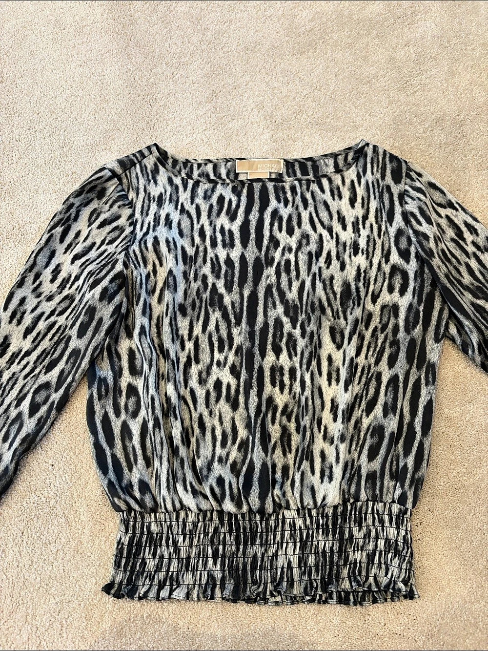Michael Kors Animal Print Smocked Hem Blouse in Black & Gray